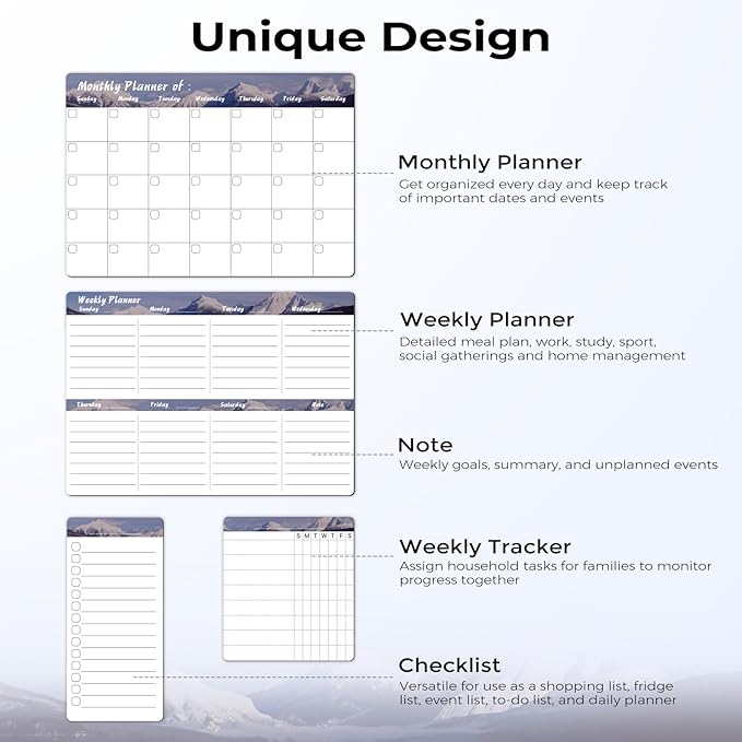 MARSROCK Refrigerator Calendar Magnetic, 16.3x11.7” (4-Pack) – Weekly & Monthly Planner, Chore Chart, Grocery/to-Do List for Fridge, Includes 8 Markers, 6 Magnets & 1 Eraser for Kitchen, Gray