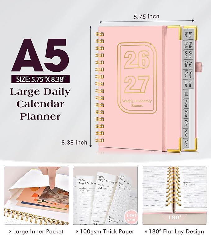 Planner 2026-2027, 18 Months Weekly and Monthly Hardcover Planner, January 2026 - June 2027, 5.75" x 8.38" A5 Daily Calendar Planner Book with Tabs, Spiral Yearly Agenda Organizer Notebook for School Work Home, Pink