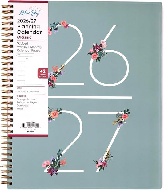 Blue Sky 2026-2027 Weekly and Monthly Academic Year Planner Calendar, July 2026 - June 2027, 8.5" x 11", Flexible Cover, Wirebound, Storage Pocket, Laminated Tabs, Greta