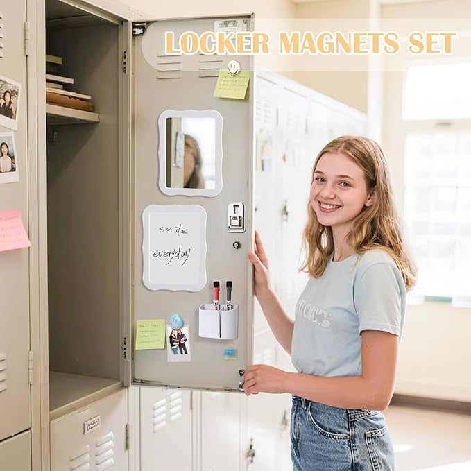 Locker Accessories for Girls Boys with Locker Mirror, Magnetic Whiteboard, Cute Smiley Face Magnets, Back-to-School Locker Decorations, Ideal for Office School Locker (White Locker Decor Set)