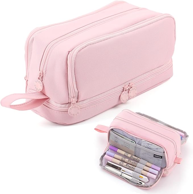 MAMUNU Large Capacity Pencil Case 4 Compartments, Pencil Pouch Bag with Zipper Portable Handle, Pen Case Bag Stationery Organizer for Office College School Adults Teen Girls Boys Men Women, Pink