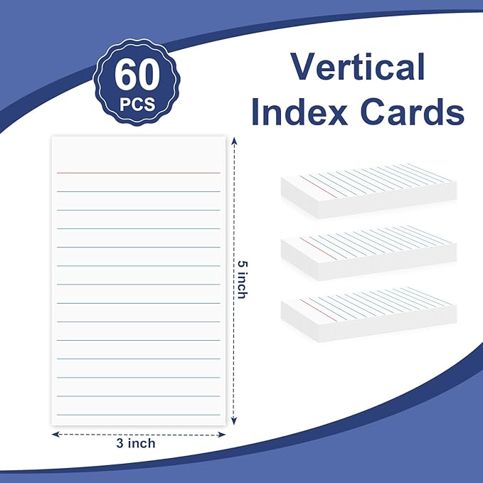 60 Pack 3 x 5 Index Cards Vertical Ruled Thick White Index Cards Lined Flash Cards Blank Red and Blue Ruled Lines Both Sides Note Cards for Record Idea To Do Lists Studying Office School Supplies