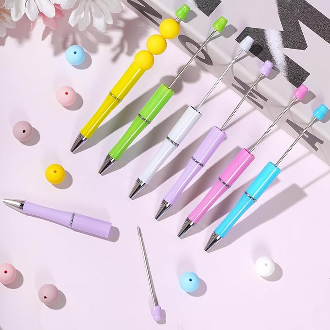 jiebor 30Pcs Beadable Pens Plastic Bead Ballpoint DIY Cute Cool Pens Black Ink for Women Men Bridal Graduation Gift Office Supplies White Yellow Green Blue Purple