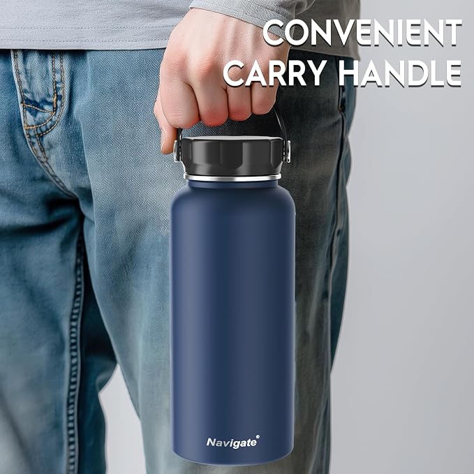 Navigate 32oz Insulated Water Bottle for Sports, Keep Cold 24H | 2-in-1 Spout and Handle Lids, Double Leak-Proof, 18/8 Stainless Steel, BPA-Free, Wide Mouth for Hiking,Dark Blue