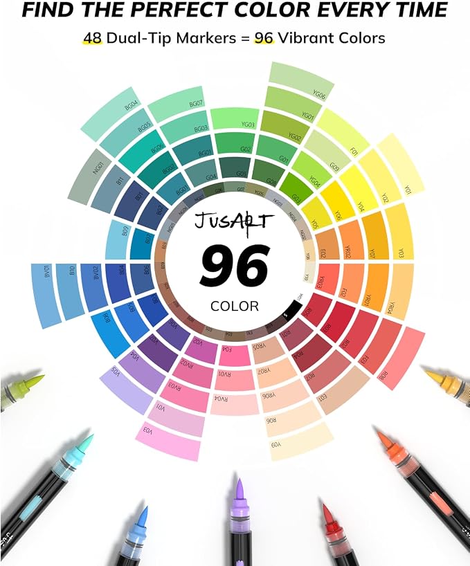 JusArt Acrylic Paint Markers 96 Colors, 48 Dual-Tip Brush Markers, No Bleed