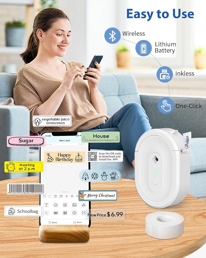 N12 Label Maker Machine with 1 Tape Mini Thermal Label Printer, White | Labeler Machine Available for Phone, Portable Label Maker Rechargeable Labeling Machine for Office School Home Organization