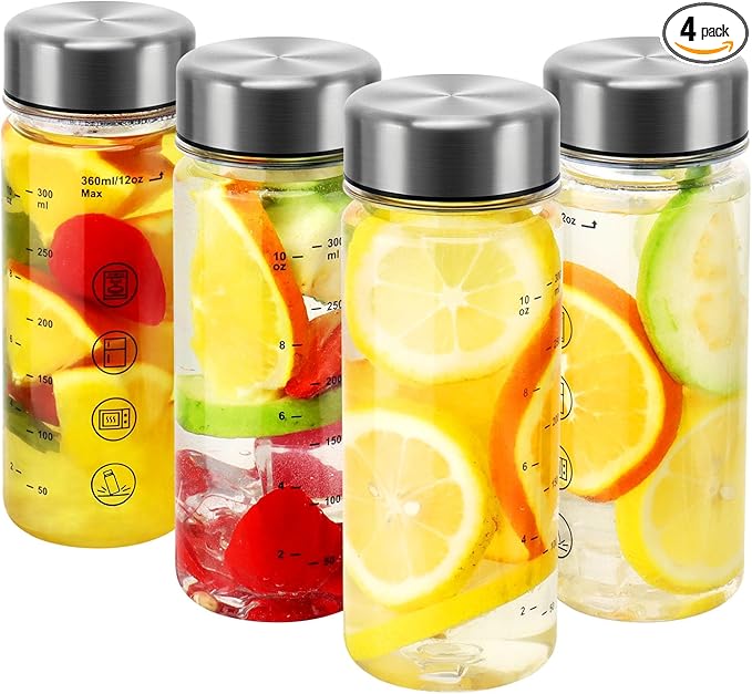 4 Pack Plastic Juice Bottles with Caps - Wide Mouth Resuable Clear Plastic Water Bottles for Juicing,Smoothie,Protein, Beverage,Storage Containers,BPA Free,Leakproof Stainless Steel Lid(12 Ounces)