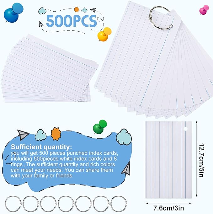 Yexiya 500 Pcs Index Cards with Rings Study Supplies Punched Lined Flash Cards with Holes Ruled Single Hole Notes and Metal Rings for Adults Office(3 x 5 Inch,White)