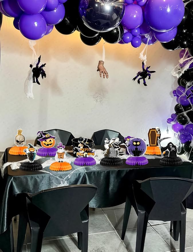 Halloween Table Decorations - 9Pcs Halloween Centerpieces for Tables Black Orange Honeycomb Centerpieces Pumpkin Ghost Witch Cat Table Topper for Spooky Birthday Party Supplies