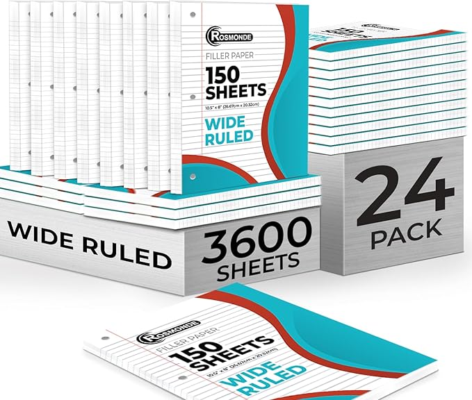 Rosmonde Loose Leaf Paper Bulk, 3600 Sheets, Wide Ruled, 8 x 10.5", Bulk Filler Paper for Office, 24 Pack, 150 Sheets/Pack, 3 Hole Punched for Binders, Filler Notebook Papers For School & College