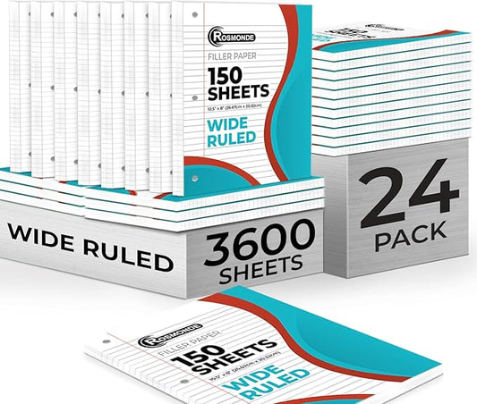 Rosmonde Loose Leaf Paper Bulk, 3600 Sheets, Wide Ruled, 8 x 10.5", Bulk Filler Paper for Office, 24 Pack, 150 Sheets/Pack, 3 Hole Punched for Binders, Filler Notebook Papers For School & College