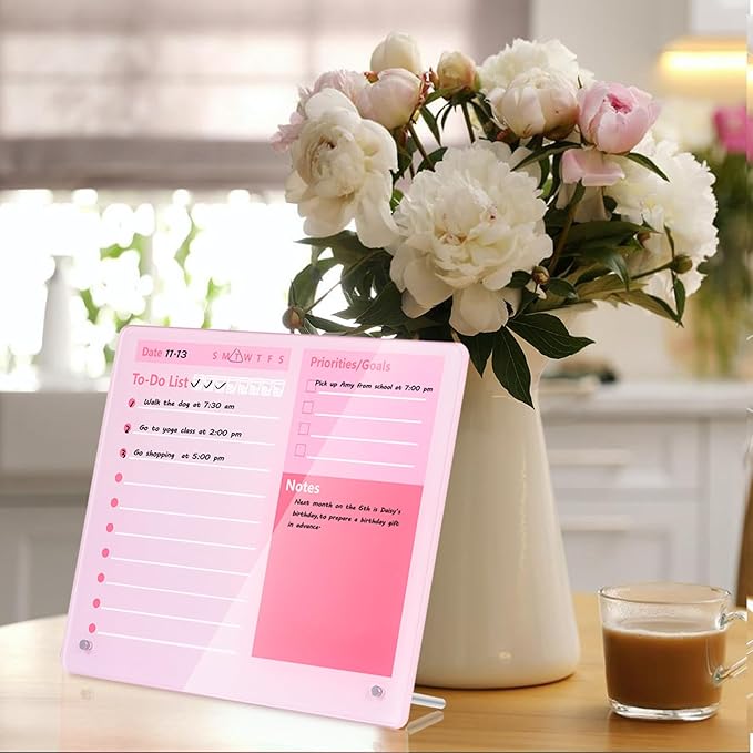 Desktop Thickened Acrylic Dry Erase Board to do List Planner Board,15.7"x11.8",Tabletop Whiteboard with Stand,Pink Office Supplie,Pink Dry Erase White Board for Office/Home/School