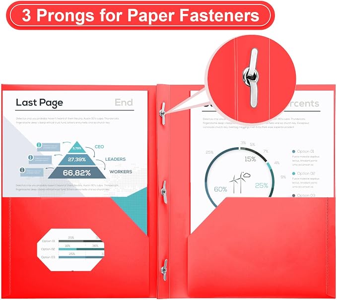 SUIN Plastic Project-Folder with 2 Pockets and 3-Prong Fasteners, for US Letter Size, Bulk Pack Color File-Folder for US Letter Size Papers, Ideal for School & Office, (Red)