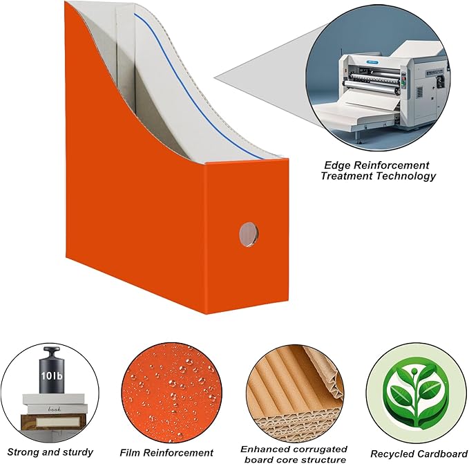 Limitliho 6 Pack Cardboard Magazine Holder for Desk, Book Bins for Classroom Library,Office,Home, 10.6" H x 10.2" L x 3.5" W in Magazine File Holder (Orange Red)