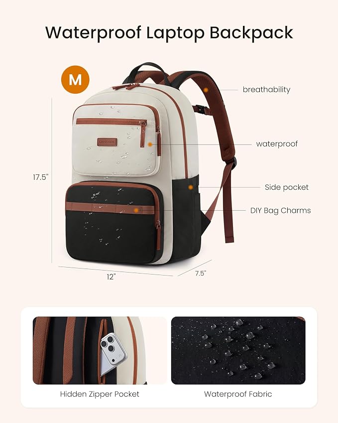 LOVEVOOK School Backpack for Teen Girls,Women Laptop Backpack with Water Bottle Holder,Lightweight Work Bag College Bookbag,Teacher Nurse bag,Beige-Black-Brown