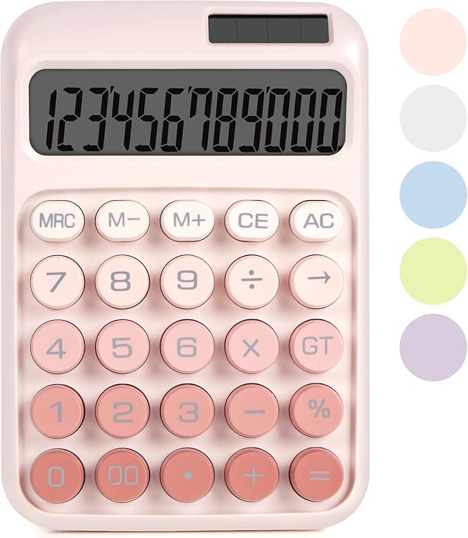 Mechanical Switch Calculator with Big Buttons, Calculators Desktop, 12 Digits, Solar Battery Power, Desk Calculator, Large LCD Display, Cute Pink Calculators for Teachers Students Basic Office