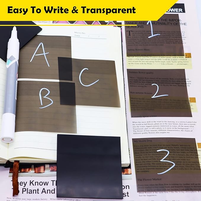 200 Sheets Black Transparent Sticky Notes, 3x3 Inch Translucent Self-Adhesive Clear See Through Sticky Post Sticky Note for Office Woman Teacher School Classroom College Student Supplies 4 Pads