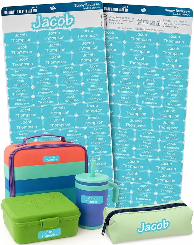 Bunny Badges Personalized Daycare Name Labels for Kids (120 Labels) Custom Label for Clothing Tag - Waterproof Name Stickers for Clothing Tags, Bottles, Backpacks and School Supplies (Light Blue)