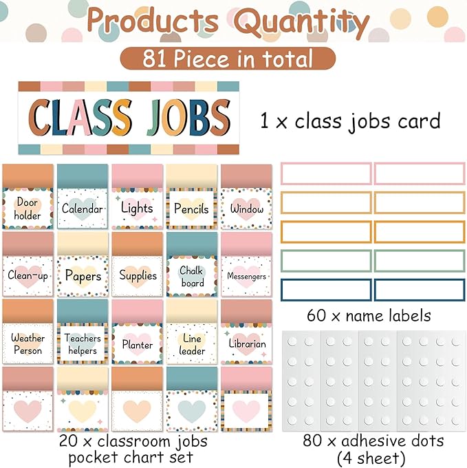 81 Piece Boho Class Jobs Bulletin Board Boho Welcome Classroom Jobs Pocket Chart Set Teacher's Helper Chalkboard Decor Classroom Bulletin Board Set Wall Decoration for Back to School
