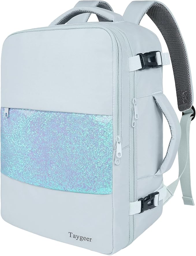 Taygeer 35L Carry On Backpack for Women, Personal Item Travel Backpack | 15.6"Laptop Travel Backpack with Water Bottle Pocket & Shoe Compartment for Women, Hiking Bag, weekender bag, Blue Glitter