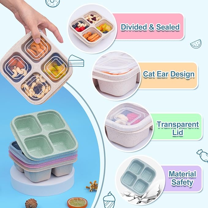 LCHLZZ 4 Pack Lunchable Snack Containers, 4 Compartments Snackle Box Container with Lids, Reusable Bento Snack Boxes for Adults, Microwave Dishwasher Safe, Food Storage Containers for Work Travel
