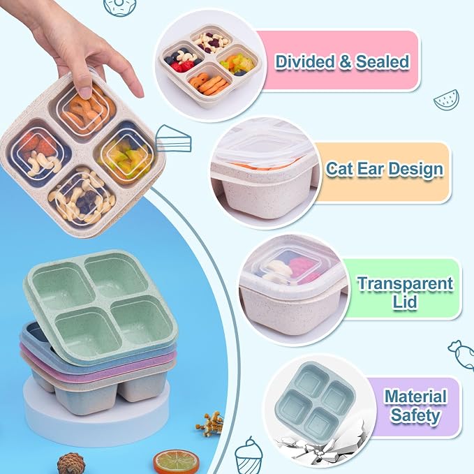 LCHLZZ 4 Pack Snack Containers, 4 Compartments, 2-Cup Capacity, BPA-Free | Reusable Bento box with Easy-open Lids, Microwave & Dishwasher Safe, Perfect for Meal Prep, Office snacks, Travel and Picnics