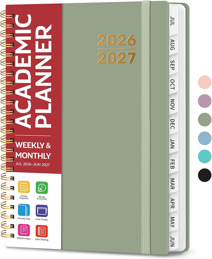 Planner 2026-2027 for Women & Men, Academic Monthly and Weekly Calendar Planner, Jul 2026 - Jun 2027, A5 (6.3" x 8.5"), Teacher Student Planning Book with Tabs, Ideal for Office School Supplies - Green