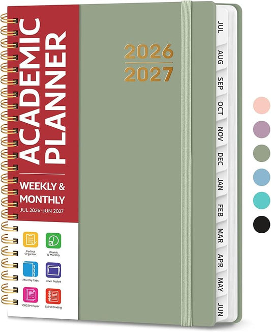 Planner 2026-2027 for Women & Men, Academic Monthly and Weekly Calendar Planner, Jul 2026 - Jun 2027, A5 (6.3" x 8.5"), Teacher Student Planning Book with Tabs, Ideal for Office School Supplies - Green