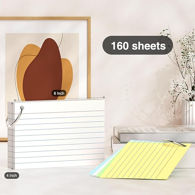 Colored Index Cards 4 x 6 Inch, 160 Count Lined Flash Cards with Ring for Back to School, Ruled and Blank Note Cards for Office Supply, Portable Colorful Study Flashcards for Home and School