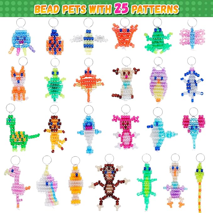 Pony Beads Kit for Keychain Making, Glow in the Dark Bead Pets for Kids Beginners，Includes Instructions for 25 Animal Designs and Storage Box, Kids Craft Kit for Rainy Day Group and Family Activities