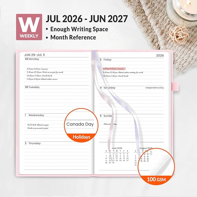 SUNEE 2026-2027 Pocket Weekly Planner for Purse 3.5" x 6" - 12 Month (July 2026 - June 2027) Academic Year Calendar, Pocket Size Planner, Hardcover, Note, 100 GSM Paper, Pink