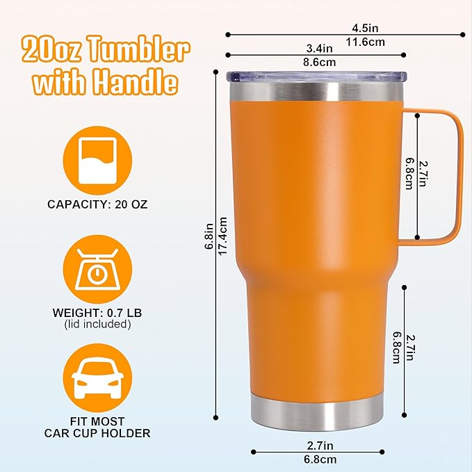 20 oz Tumbler with Handle and Lid, Stainless Steel Tumbler Insulated Travel Coffee Mug, Spill Proof Double Wall Vacuum Tumbler Cup Keep Drink Hot & Cold,Orange, 12 Pack