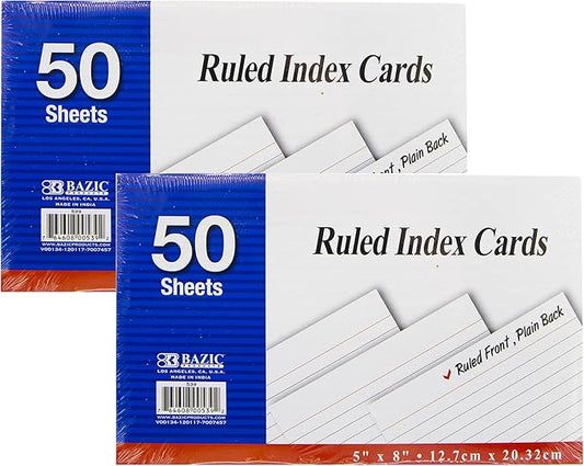 BAZIC Products Ruled Index Cards 5" X 8" 100 Count, White Color Flashcards, Ruled Lined Card for Learning Memory Reminder