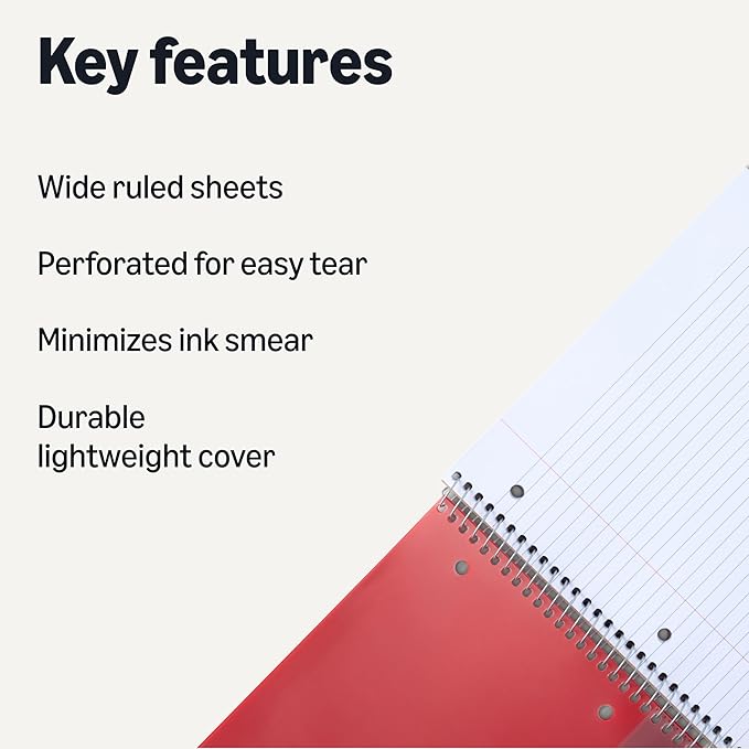 Amazon Basics Wide-Ruled Spiral Notebooks with Pocket Divider, 8" x 10.5", 100 Sheets, Perforated Pages, Assorted Primary Colors, 3-Pack
