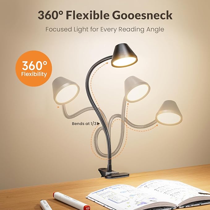 LEPOWER Clip on Light, 7W Reading Lights for Books in Bed with 5 Colors & Stepless Dimming, RG0 Eye-Care, Amber Glow Light & Auto Timer, Strong Clamp with Adapter for Headboard, Bedside, Desk, Black