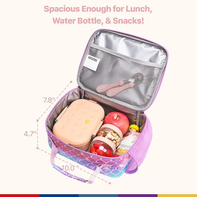 Bagseri Kids Lunch Bag Girls - Thermal Insulated Lunch Box Tote with Water Bottle Holder, Reusable Leak-Proof Kids Lunch Box for Daycare & School, Purple Mermaid Tail (Containers Not Included)