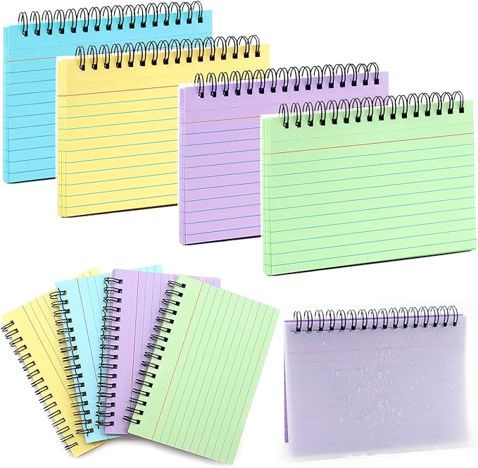200 Pcs Index Cards 4x6 Inch Lined Note Cards Flash Cards Spiral Bound Waterproof Cover for Daily Planning, Work, School, Journaling, Studying(Perforated Tear-Out, 4 Colors)