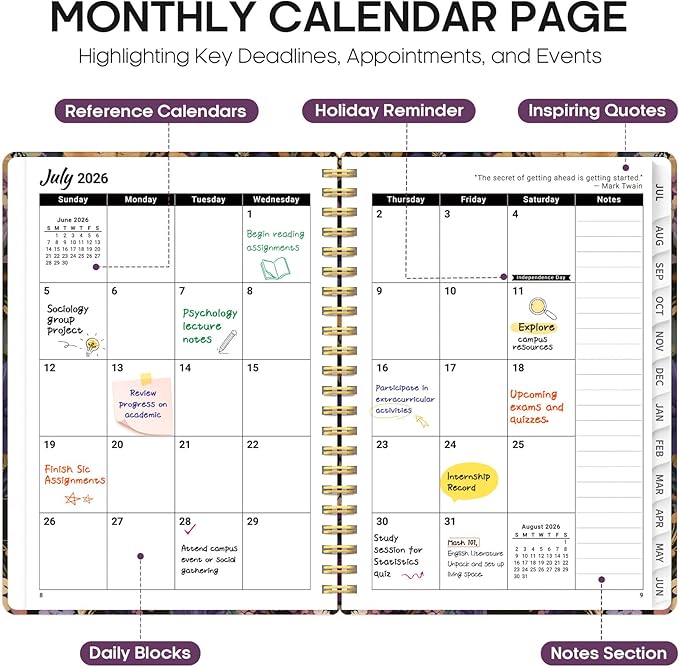 Planner 2026-2027, Academic Year Monthly and Weekly Calendar Planner, Jul 2026 - Jun 2027, Hardcover Teacher Student Planning Agenda book with Tabs, Perfect for School Office Supplies, 6.3" x 8.5" - Midnight Bloom