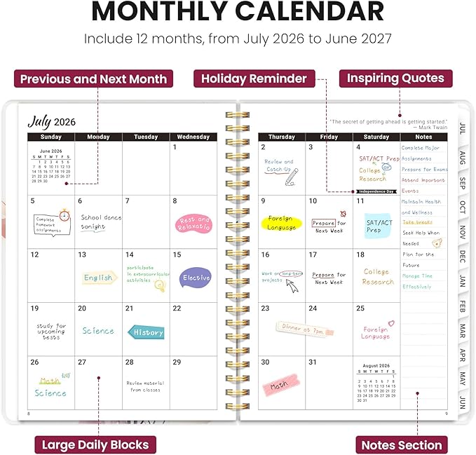 Planner 2026-2027, Monthly and Weekly Academic Planner July 2026 - June 2027, Hardcover Student Teacher Planning Agenda Calendar Book with Tabs, Perfect for Office School Supplies, A4 (8.5" x 11") - Painted Bloom