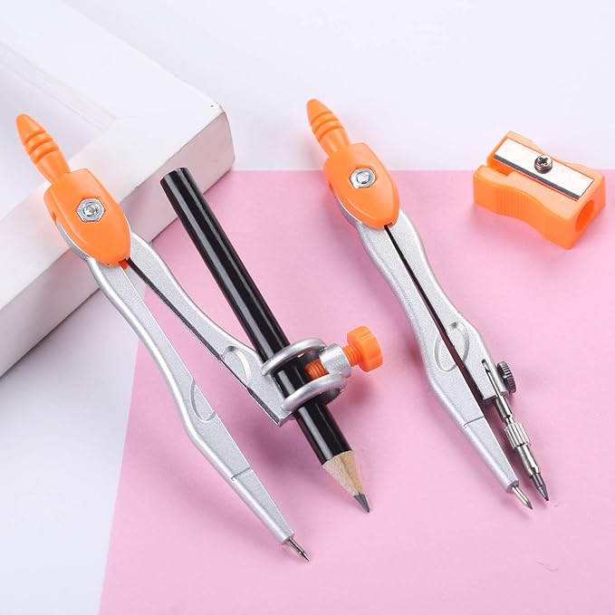 Vobou Math Geometry Kit Sets 10 Piece Student Supplies with Shatterproof Storage Box,Includes Rulers,Protractor,Compass,Eraser,Pencil Sharpener,Lead Refills,Pencil,for Drafting（Orange）