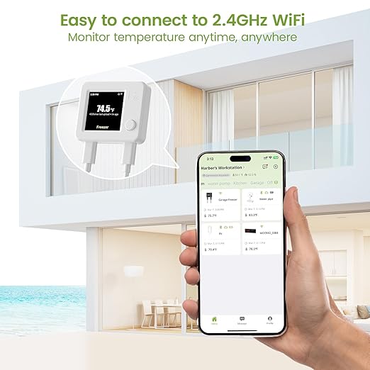 WiFi Freezer Alarm & Refrigerator Thermometer, App & Email Alerts | Garage, deep & chest freezer alarm, Still alerts on power outage or WiFi loss, +/-0.9F at -40F, flat door-seal probe, no hub