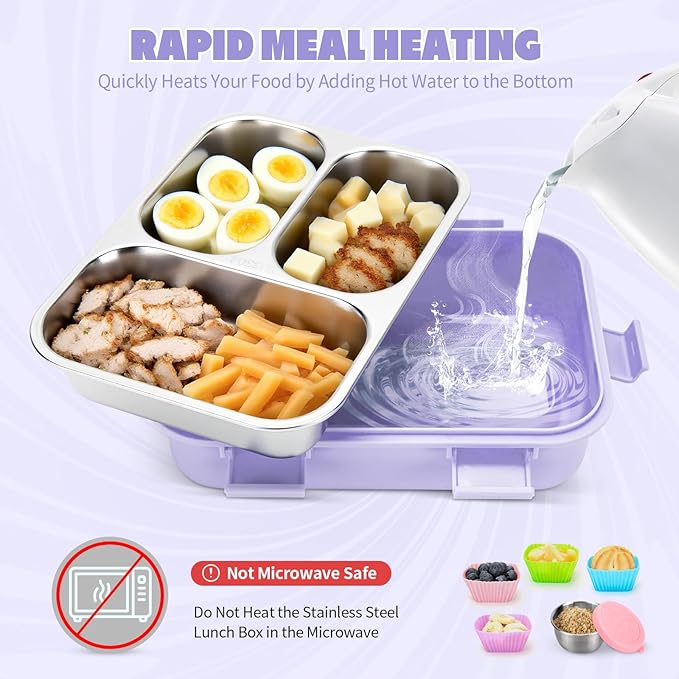 Kids Stainless Steel Lunch Box, 3 Compartments Leakproof Metal Bento Lunch Box, Containers with Silicone Lids for Office, Picnics, Dishwasher Safe, Purple