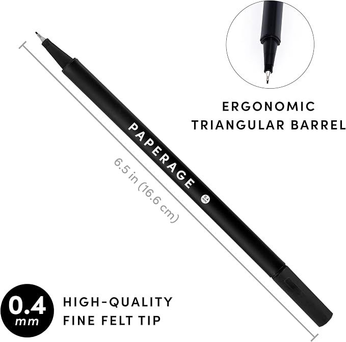 PAPERAGE Felt Tip Fine Point Pens (0.4mm), 12 Pack, Pens For Journaling, Notebooks, Planners, Calendars & Drawing, Great for School, Office, & Home (Black Ink)