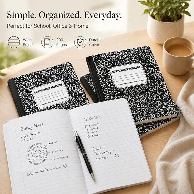 CLEENTABLE Composition Notebook 5 Pack, Wide Ruled Paper, Marble Cover Notebooks for School, 9.75 x 7.5 Inches, 100 Sheets (200 Pages), Sewn Binding Comp Books, Black