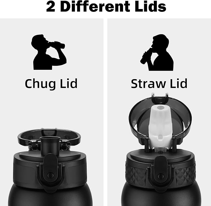 Oldley Insulated Water Bottle 12oz Water Bottles with Straw, Stainless Steel Water Bottle with 2 Lids, Double Wall Vacuum Bottels for Adults Kids, Leak-Proof Sport Bottles for School Travel, Black