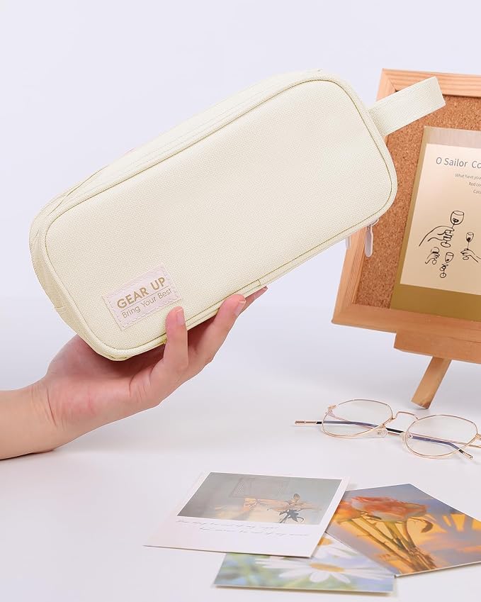 SKYDUE Large Capacity Pencil Case with Handle, 3 Compartment Canvas Pencil Pouch, Cute Soft Color Pencil Bag for Pens, Markers, Aesthetic Stationery and Organizer for Teen Girls Adult, Beige