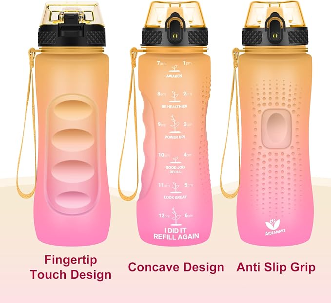 24 OZ Motivational Kids Water Bottle With Time Marker,Straw Lid,Leak Proof, Tritan BPA Free Sports Water Bottle Yellow Pink(1 Lid)