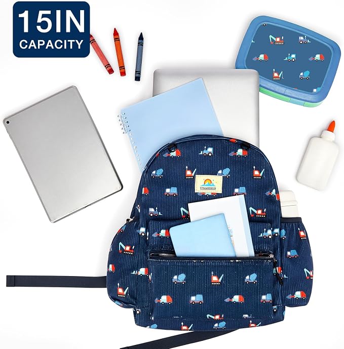 STEAMEDBUN Corduroy Kids Backpack for Girls and Boys 5-8: Girls Backpack for Elementary Kindergarten - 15 inch Cute Backpacks for Kids - Blue Trucks
