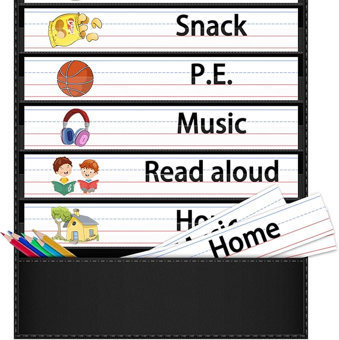 AKAYOK Daily Schedule Pocket Chart — 13+1 Pocket Visual Schedule for Kids, Includes 18 Double-Sided Blank Reusable Dry-Erase Cards, Daily Planner with Hourly Schedule for Classroom, Office, Home, School Activities (Black)