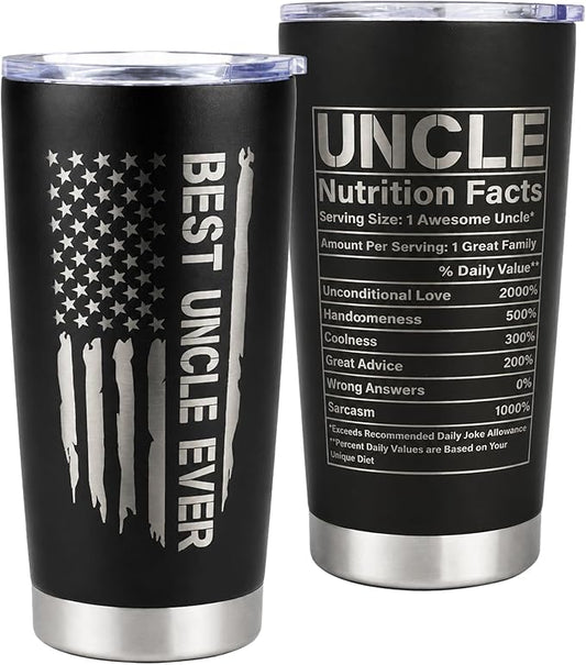 CYYFXKY Best Uncle Ever 20oz Stainless Steel Tumbler, USA Flag Funny Nutrition Facts Insulated Travel Mug, Father's Day Birthday Gift for Uncle Men